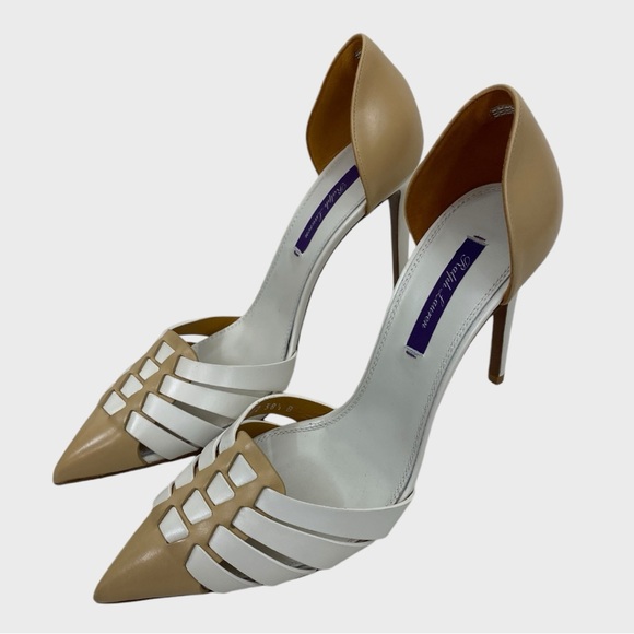 Ralph Lauren Purple Label Tan + White Woven Leather Pumps Size 38 1/2